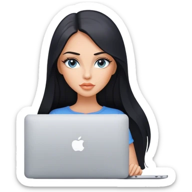 Glamours tanned very beautiful girl with pump peach nude lips and black straight smooth long hair, blue-grey eyes stading with MacBook sticker