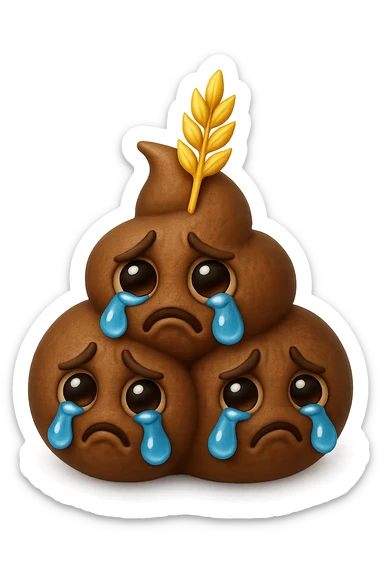 emoji stile iphone di una montagnetta di feci umane realistiche a palline tristi con sopra un simbolo del grano, iperrealistico 4k sticker