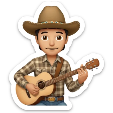 Mexican man with cowboy hat, plaid shirt, playing guitar sticker