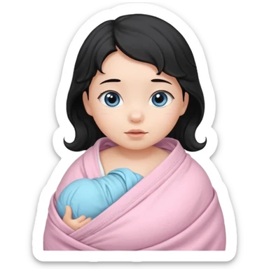 a  female asian newborn baby with black wavy hair and blue eyes wrapped in a light pink swaddle sticker
