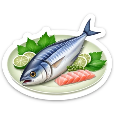 mackerel sashimi on a plate with shiso leaf and wasabi sticker