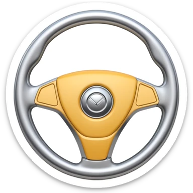 A futuristic steering wheel emoji made of silver chrome, minimal geometric design, smooth metallic surface, soft reflections, iOS emoji style, centered, clean white background sticker