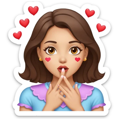 Light skin brunette with light brown eyes blowing a kiss with little hearts coming from her mouth  sticker