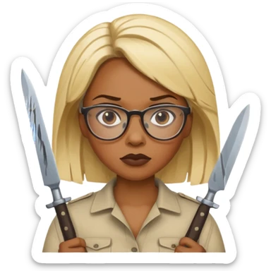 blonde black woman with glasses and knives sticker