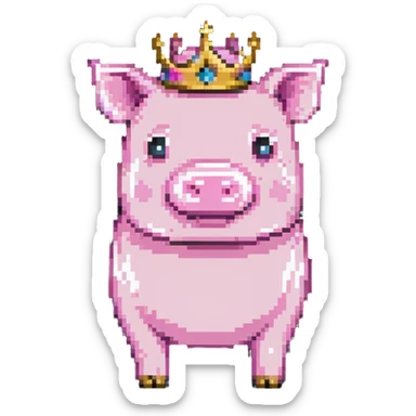 Minecraft pig full body pink blocky animal with square head wearing a crown sticker