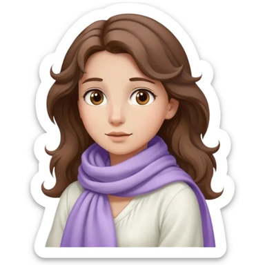 A girl with wavy hair, a lavender scarf around her neck, and a soft  dress, gazing into the distance. sticker