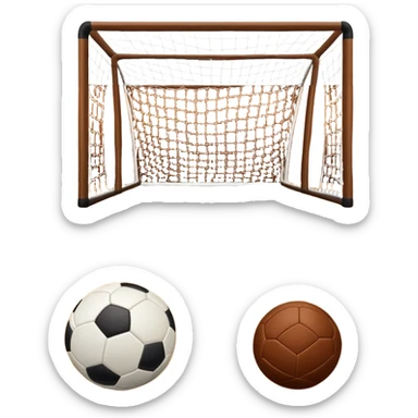 A close-up of footballs and a goal on a covered indoor futsal court with a wooden floor. The scene highlights the details of the balls and goalposts, with the smooth, polished court surface creating a clean and focused atmosphere for the game. sticker