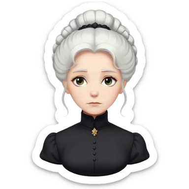 A Victorian woman with elegant coiffed white hair and light eyes wearing a modest black turtleneck mourning dress looking down with a forlorn expression sticker