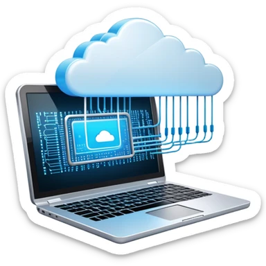 An icon featuring a glowing laptop, cloud network, and flowing binary code, symbolizing information technology. The design includes data servers, a circuit pattern, and digital connections, representing software, networking, and innovation. Transparent background  sticker