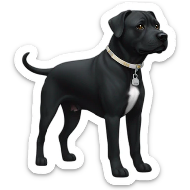 Un staffi noir avec un trait blanc tres petit sur la tête avec des tache de brunger sur c'est patte arrière avec un collier ver se nomment ugette sticker