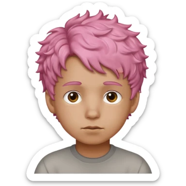 boy with short, curly pink hair, light brown skin, and a neutral facial expression. sticker