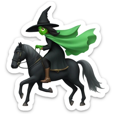 Witch with green skin, wearing a black cape, hat and dress, riding a black horse  sticker