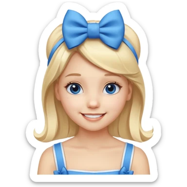 A cute girl with a white skin and a blonde hair with a blue and white bow in her head sticker