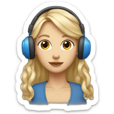 Femme yeux bleus, cheveux longs et blonds, avec un casque musique beige sticker