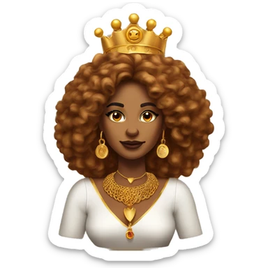 Create an emoji of a confident woman with voluminous lion-like hair, bold makeup, and gold jewelry, embodying the Leo zodiac sign with a regal expression and fiery energy. And a headgear of Leo sign sticker