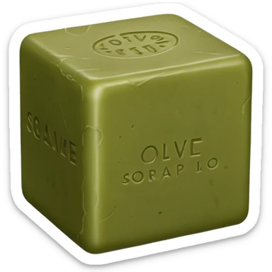 solid olive green or brownish soap bar, cube or rectangular, matte rustic texture, irregular edges, subtle embossed seal on top, no foam or packaging, soft lighting, subtle shadows, emoji scale sticker