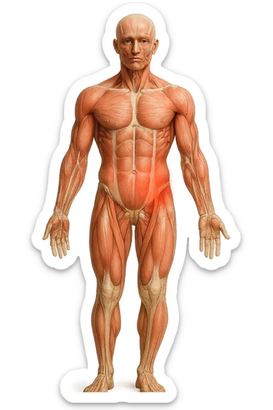 CORPO UMANO ANATOMICO A FIGURA INTERA REALISTICO DI SPALLE CON DOLORE ALLA LOMBARE INFIAMMATA, DOLORE ALL'ANCA, IPERREALISTICO 4K sticker