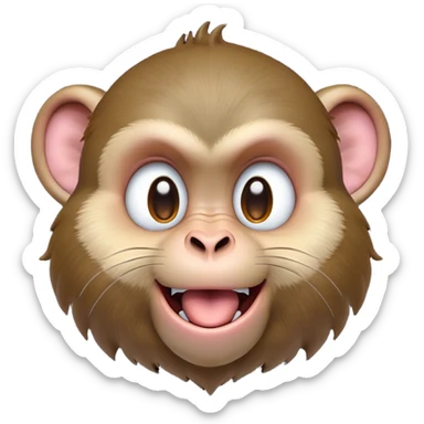 Cinematic Adorably Mischievous Macaque Portrait Emoji, Head tilted in a playful wink with an exaggerated, cheeky grin and a slightly raised eyebrow, featuring a compact, nimble build with fluffy fur and round, twinkling eyes brimming with mischief, Simplified yet irresistibly endearing features, highly detailed, glowing with a bright, joyful radiance, high shine, lively and quirky, stylized with an air of whimsical primate fun, soft glowing outline, capturing the essence of a mischievous macaque that seems ready to pull a playful face and scamper into your heart! sticker