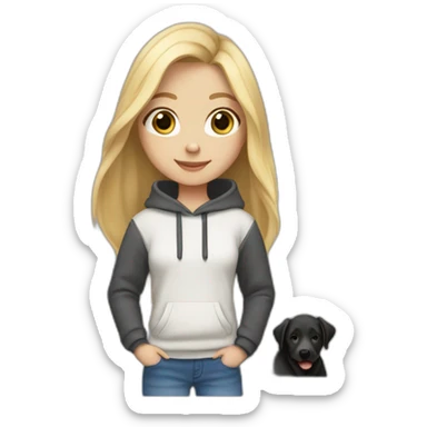 A blonde girl  with smooth hair and a ray in the middle of his hair, she has light skin a few freckles, and she wear a hoodies and she Carries in his arms a black baby labrador dog  sticker