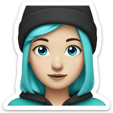 White girl, black hoodie, teal hair, purple beanie hat, blue eyes sticker