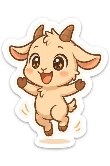 chibi goat, joyful, big sparkling eyes, jumping with excitement, simple background sticker