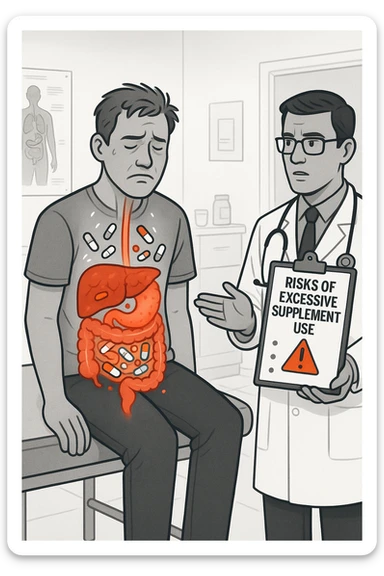 a man sits on a doctor’s examination table, looking fatigued and uncomfortable. A transparent anatomical overlay reveals his liver and intestines, both appearing inflamed and congested, with stylized supplement capsules and pills scattered throughout the digestive tract. The doctor stands nearby, holding a chart that highlights the risks of excessive supplement use. The mood is clinical and educational. sticker
