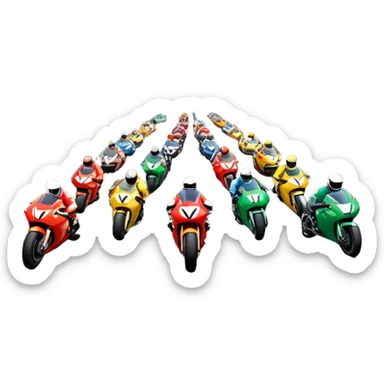 grandstands filled with cheering crowds, checkered flags waving, and traffic lights signaling the start, with a thrilling atmosphere of anticipation and speed. Sporty cars and motorcycles lined up at the starting line, ready to race, with a vibrant racetrack in the background. sticker