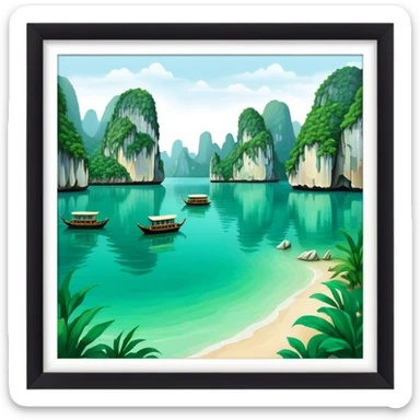 Cinematic Realistic Ha Long Bay Landscape Emoji, depicted with limestone karsts emerging from emerald waters rendered with intricate detail and dynamic natural lighting. sticker