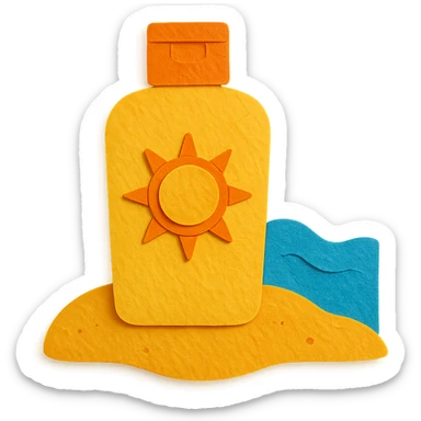 illustration of a sunscreen bottle with a sun icon on a sandy beach, bright colors, paper-craft style sticker