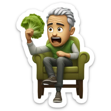 a man who is very mad with a piece of lettuc sticking out of his mouth. he is sitting in a chair and points to a boy who kicked his chair sticker