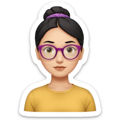 light skin middle aged with low bun in one black hair with multi colored glasses sticker