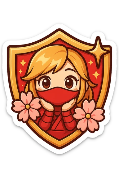 Edit the badge to have a vibrant red color with gold and white accents for the Grandmaster rank, keeping the same design of a chibi ninja girl, sakura flowers, sparkly effects, and badge shape. Maintain transparent background, sized for Twitch or Discord use. sticker