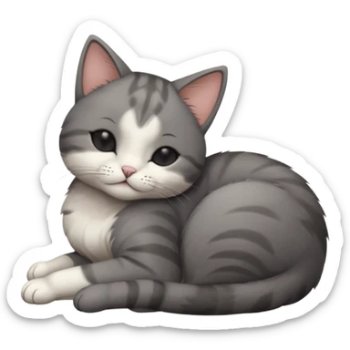 dark grey and white small cat with his eyes closed leaning his head on his paw while leaning on his elbow lying down sticker