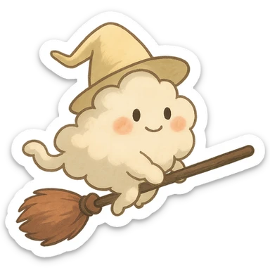 soft vanilla cloud doe with rosy cheeks, floating gracefully like a witch, social media brand mascot, Ghibli style sticker