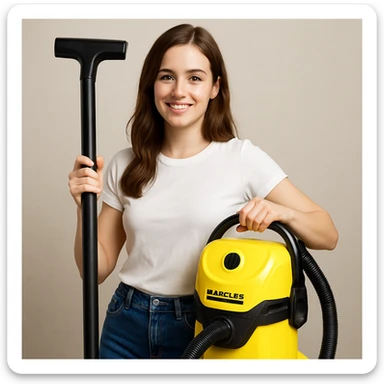 white girl with brown hair holding a Karcher vacuum cleaner, style 4 sticker