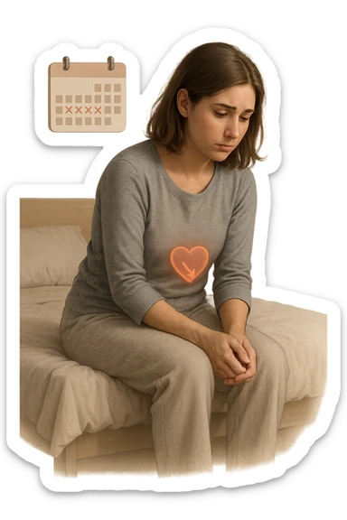3D realistic medical illustration: a young woman in her 20s or 30s sits on the edge of a bed in a softly lit bedroom, looking thoughtful and slightly concerned. She wears comfortable loungewear, her posture is slouched, and her expression is subdued. Subtle visual cues—such as a faded calendar with missed menstrual cycles and a dimmed heart or energy icon near her abdomen—symbolize low libido and amenorrhea. The scene is realistic, intimate, and empathetic. sticker