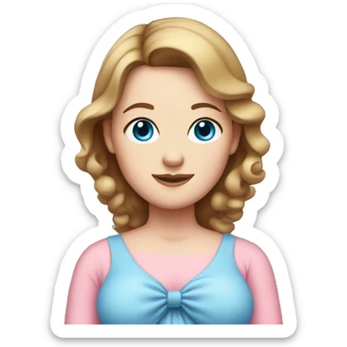 White pregnant lady, with Brown hair and blue eyes. She is wearing a tight pink dress and a bow sticker