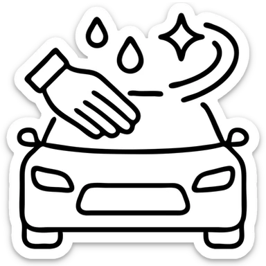 outlined icon of a premium car hood with an elegant hand wearing a white glove, water drops and shine, black and silver, smooth motion lines, modern and clean sticker
