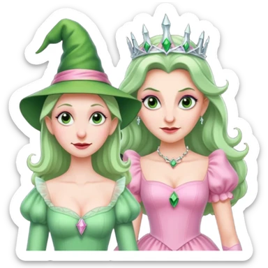 make an emoji of the green wicked witch standind behind the good witch Glinda and being overly protective looking angry and glinda looking happy sticker