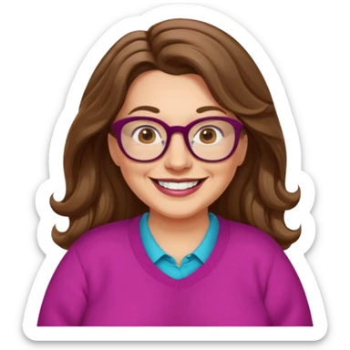 50 yr Caucasian woman, long brown hair parted on side, brown eyes, glasses, big smile, white teeth, fuscia sweater, chubby, wavy hair sticker
