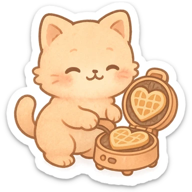 waffle maker cat, chibi style, soft fluffy, showing heart-shaped waffles, pastel orange, full-body sticker