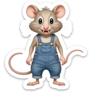 disheveled dizzy cartoon hillbilly frowning rat wearing overalls no shirt. standing and talking full body. human eyes. teeth showing talking. walking talking moving arms. reacting upset sticker