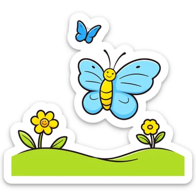 Happy blue butterfly with a big smile flying in a spring meadow with blooming flowers sticker
