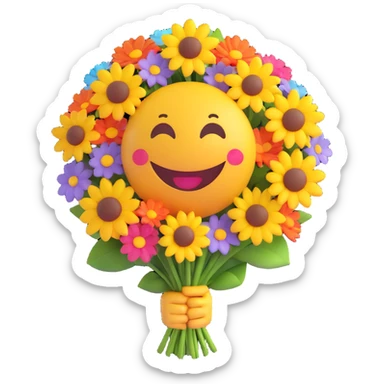 3D smiley emoji, round shape, grandmother with bouquet of flowers, purple color, smiling face sticker