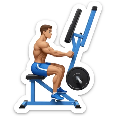 side-view bodybuilder in blue shorts seated weighted calf-raise machine on his tip toes sticker