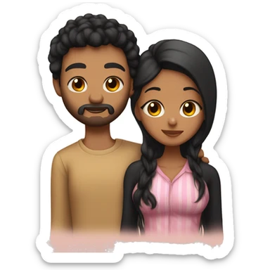 Medium skinned toned short bearded man with black hair kissing medium skin toned girl with black long hair wearing pajamas sticker