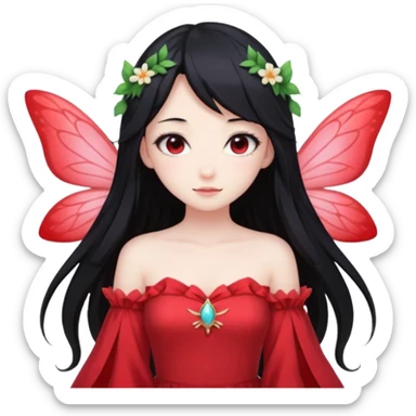 Gothic anime fairy with long beautiful black hair and red dress, pastelcore, sticker