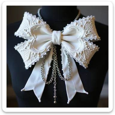 realistic white gothic bow with lace, dramatic pointed ends, ornate silver chains, transparent background sticker