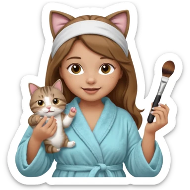 A image of a girl with light long brown hair wearing a bathrobe and headband doing her makeup with her chubby grey tabby cat. She is smiling sticker