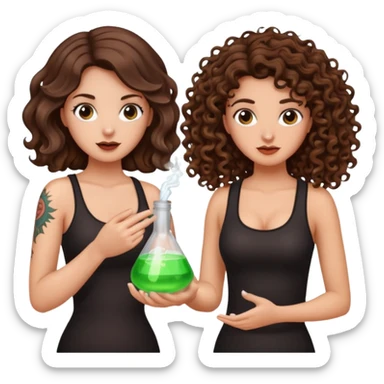 wrong mixture — long wavy brown hair tattooed woman and short tight curly brown hair woman — panic holding glowing flask sticker
